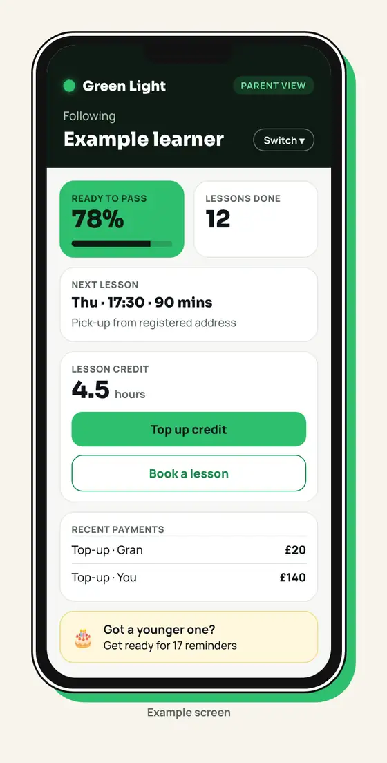 Example of the Green Light parent view showing Ready to Pass score, next lesson, lesson credit and family top-ups