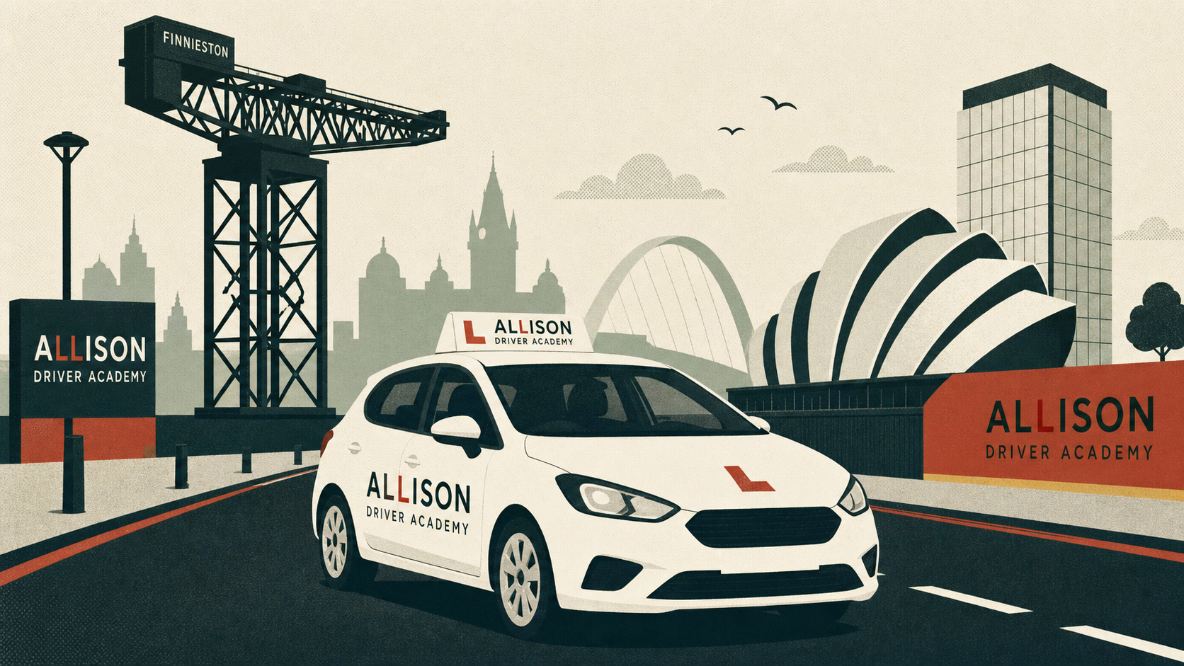Allison Driver Academy learner car beside Glasgow landmarks